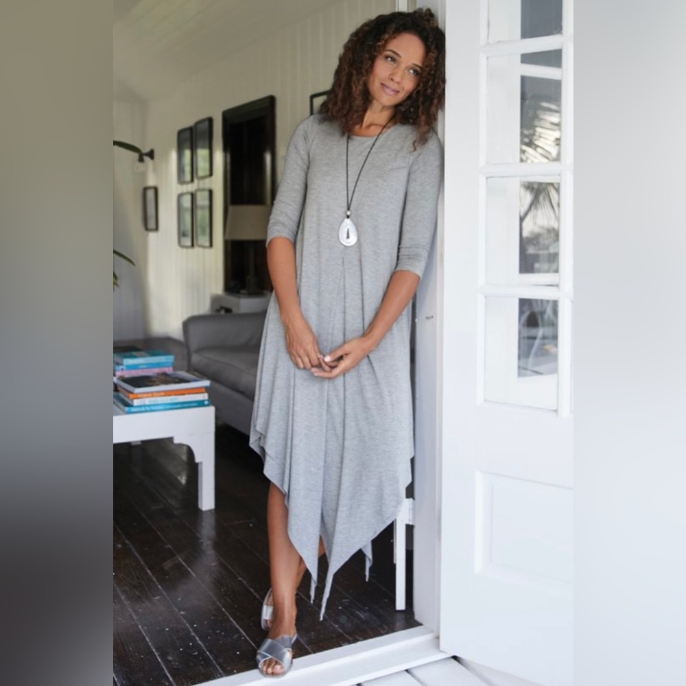 Soft Surroundings Alexandra 3/4 sleeve dress soft jersey knit scoop neck size L